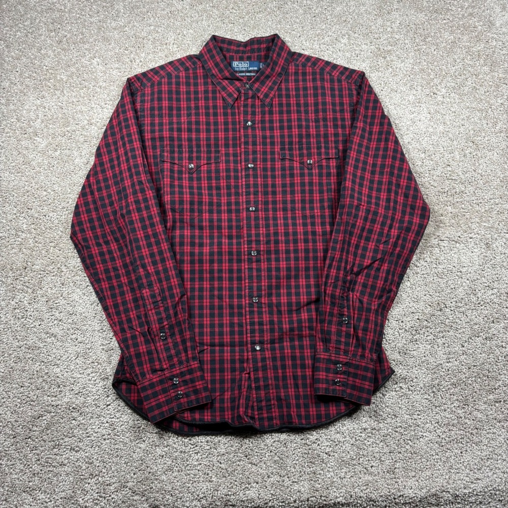 Polo Ralph Lauren Classic Western Shirt Mens Large Red‎ Black Plaid Snap Button